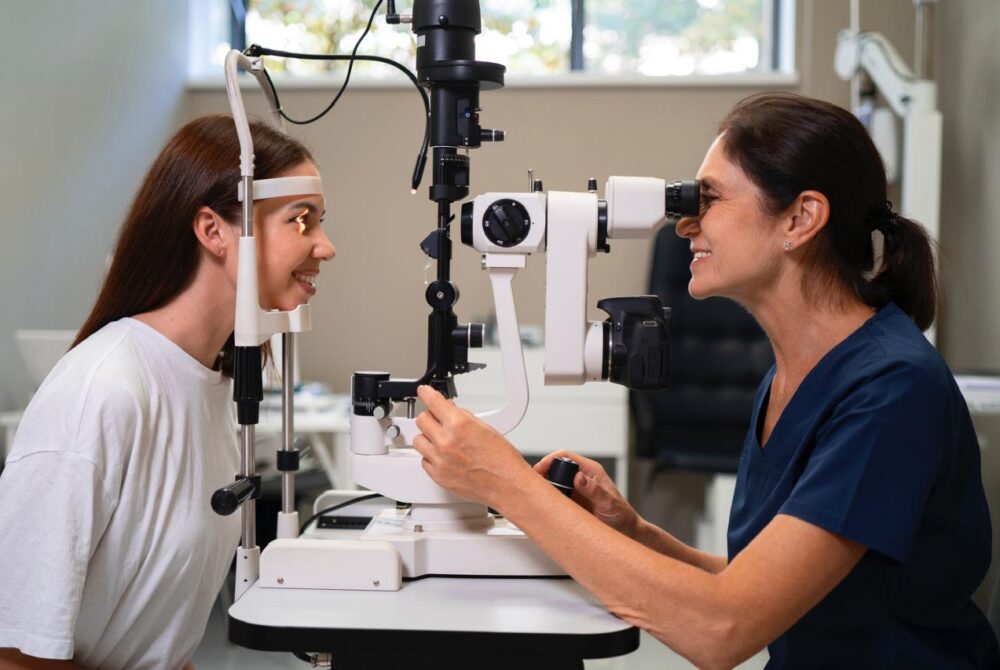 eye technician using tools to check eyes of a young girl